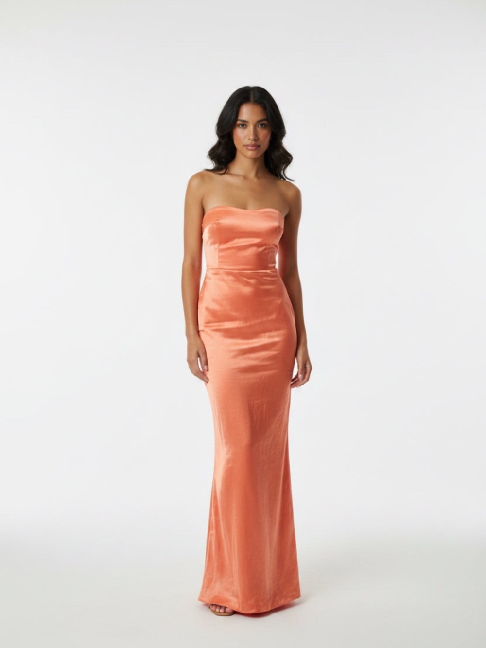 Fate Strapless Satin Column Dress Peach Coral Formal Evening Gown